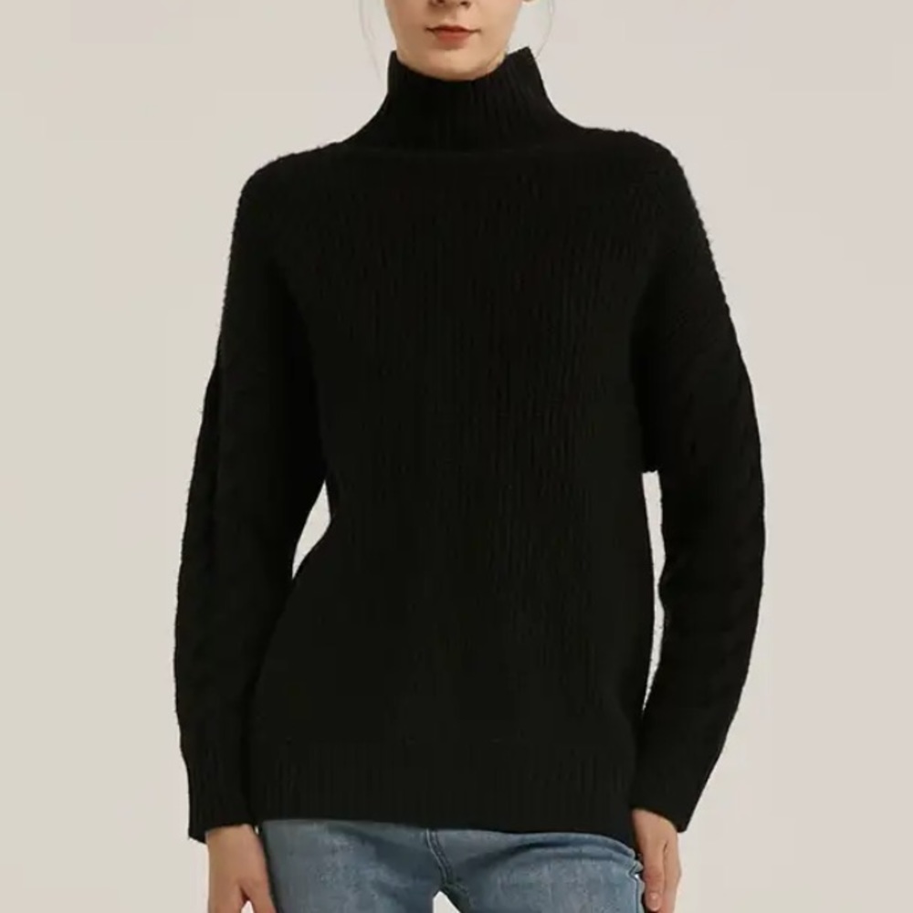 GENTLE HERD Black Wool & Cashmere Oversized Cable Knit Turtleneck Sweater